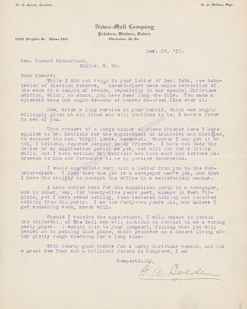 Letter from G. A. Bolden requesting assistance from Howard Sutherland in obtaining an appointment as archivist and historian to succeed Virgil Lewis, 1912. (Ms83-2)