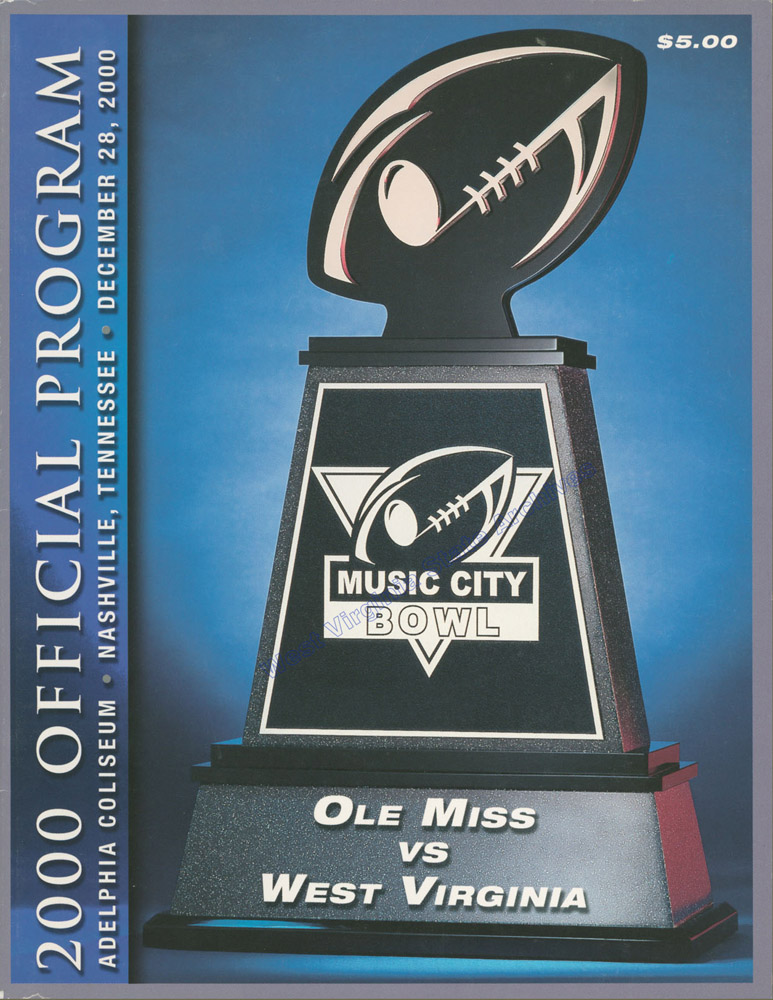 Music City Bowl program, Ole Miss vs. West Virginia, 2000. In his last game as head coach, Don Nehlen led the Mountaineers to a 49-38 victory. (Sc2016-016)