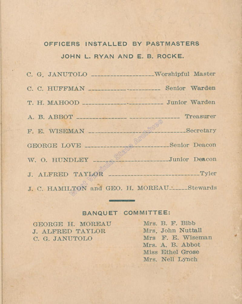 Program, Annual Banquet, Lafayette Lodge N.O. 57, AF&AM (Ancient Free and Accepted Masons), Fayetteville, WV, 1919. (Ms2018-005)