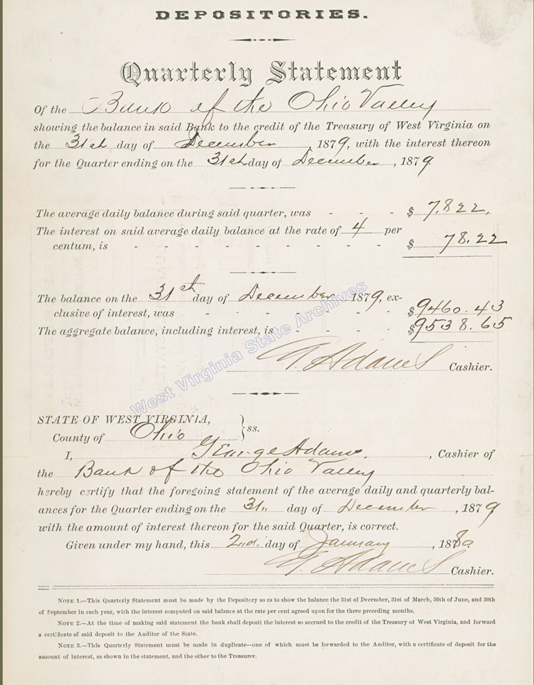 Quarterly statement, State of West Virginia account balance, Bank of the Ohio Valley, for quarter ending December 1879. (Sc87-136)