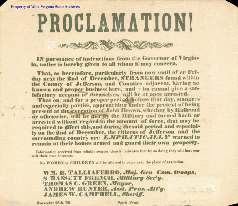 Proclamation for John Brown Execution