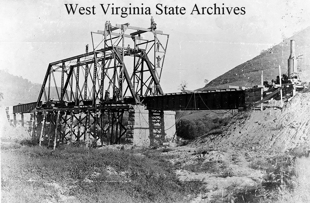 Coal & Coke Railway, construction of bridge over Little Kanawha River, Burnsville, West Virginia, n.d. Robert Bowes Collection, West Virginia State Archives (206709)