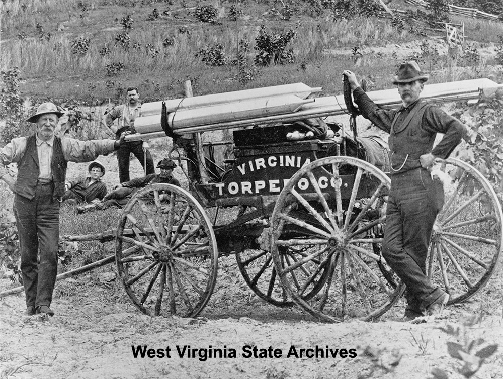 Loaded Virginia Torpedo Company nitroglycerin wagon in the Harrison County oil fields, ca. 1901.  From Grant's Photo Record, West Virginia State Archives (120708)