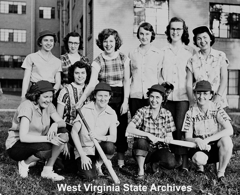 YWCA Residence Girls Softball Team: Betty Canterbury, Eula Lilly, Betty McVay, Barbara Bayes, Ceil Kloc, Ruby Woods, Betty Hovater, Janice Zinn, Ruth Ann Isaly, Eleanor Gothard. n.d. YWCA Collection, West Virginia State Archives (ywca2.32)