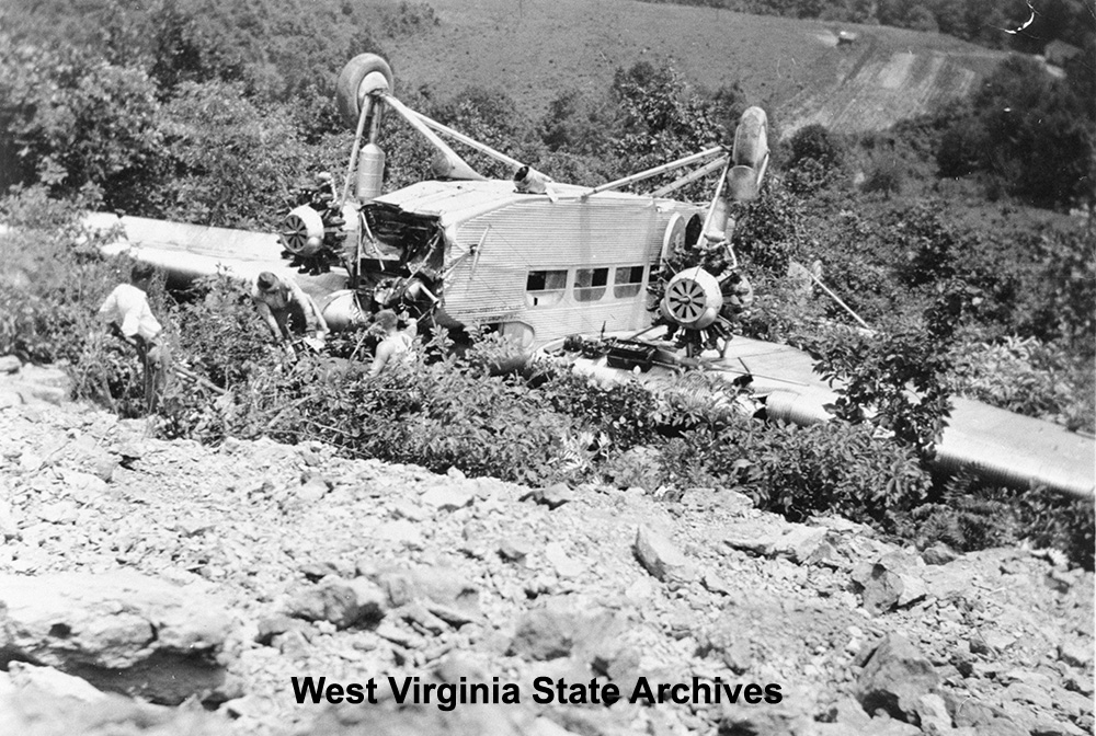 Ford Tri-Motor that crashed down an embankment at the Hundred Airport on August 7, 1936. Robert Masters Collection, West Virginia State Archives (337315)