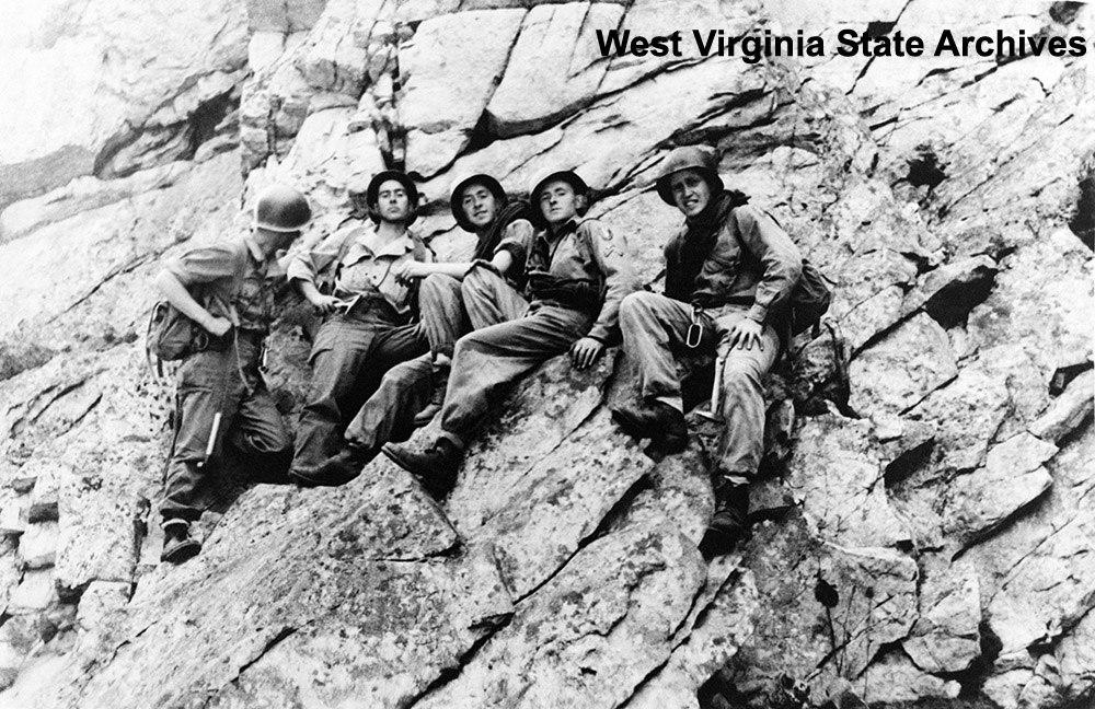 United States Army troops undergoing mountaineering training, rock climbing at Seneca Rocks, May  1944. Harold Clagg Collection, West Virginia State Archives (341510)