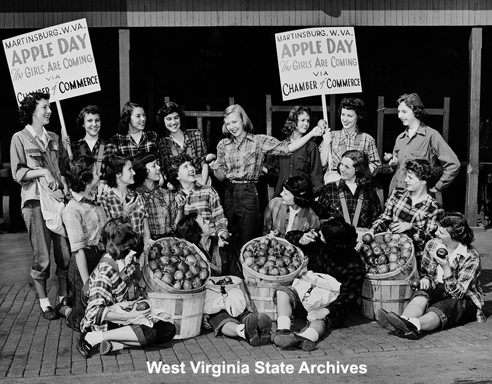Apple Day girls with apples, Martinsburg, Berkeley County, West Virginia, circa 1948. Martinsburg Chamber of Commerce Collection, West Virginia State Archives (114104)