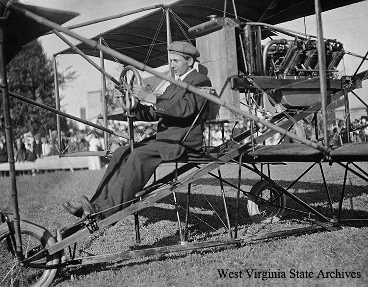 Eugene Gudet in early biplane, Monroe County. Jeffrey A. Pritt Collection, West Virginia State Archives (186802)