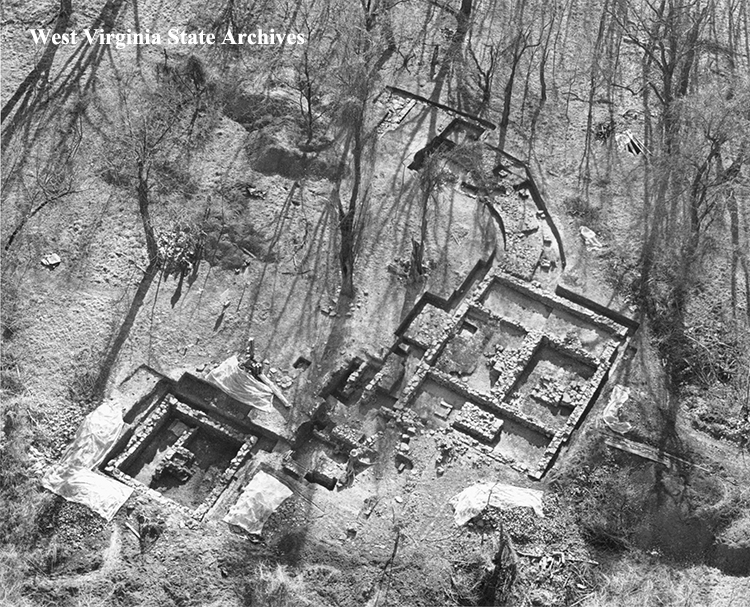 Blennerhassett Island aerial view of excavations, Wood County, n.d. Roger L. Hughes, photographer. West Virginia State Archives (HistoricSites-Blennerhassett03)