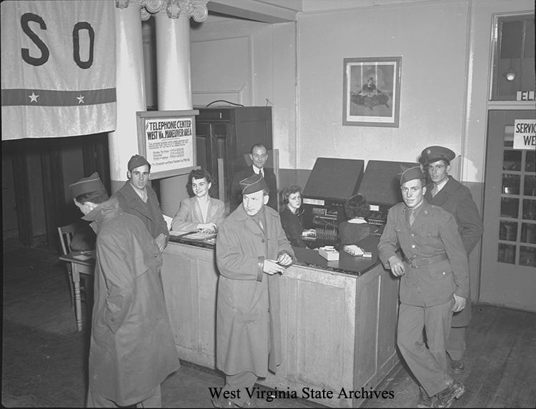 Servicemen at the Telephone Center, West Virginia Maneuver Area, Elkins, 1940s. West Virginia Photo Company Collection, West Virginia State Archives (wvphco00042)