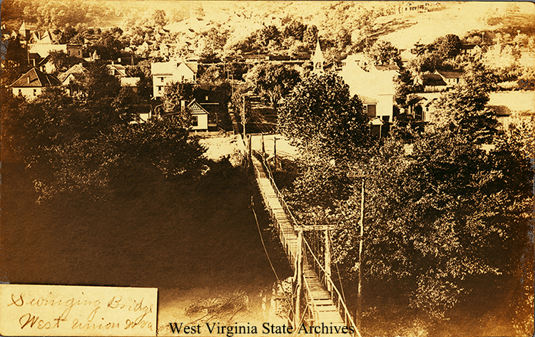 Swinging Bridge at West Union. Postcard Collection, West Virginia State Archives (342409)