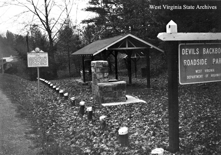 Devil's Backbone roadside park, district 8, with Tuscarora (Clinton) sand historic highway marker, Pocahontas County. Division of Highways Collection, West Virginia State Archives (336702)