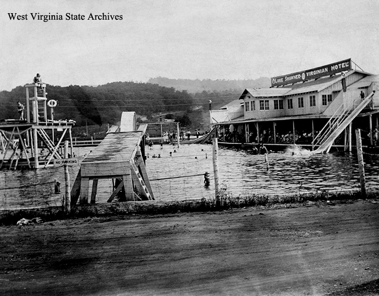 Lake Shawnee and the Virginian Hotel, near Spanishburg., ca. 1930. James Lee Wood Jr. Collection, West Virginia State Archives (338507)