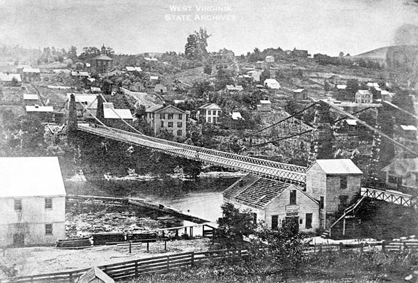 Undated photograph of Fairmont, showing suspension bridge
