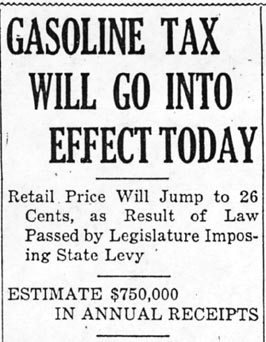 Newspaper headline for Start of State Gasoline Tax in 1923