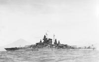 USS West Virginia in Sagami Wan, Japan at end of World War II. Mt. Fujiyama is in background
