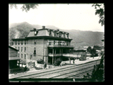 Kanawha Falls Hotel with railroad tracks in the foreground.