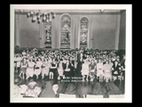 Group of women (alumnae) of Mount de Chantal Visitation Academy seated in chairs in the Music Hall. 100th anniversary.