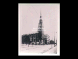 View across brick street of St. Joseph's Cathedral.