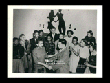 Group of young African Americans dancing at canteen on Chapline Street. Names include Thelma Savage, Georgia Cox, Roxanna Jackson, John Kent, Kenneth Parker, Roy Neal, Elaine Shannon, and Corine Martin.