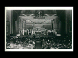 WWVA Jamboree USA at the Capitol Music Hall in Wheeling. View from an aisle in the theater. Names L-R: Monty Blake, Hiram Hayseed, Cy Sneezewood, Hawkshaw Hawkins, "Crazy Elmer", Lew Clauson, Jimmy Hutchinson, ?, Doc Williams, Red Belcher, Chickie Williams, Marion Martin (glasses), Wilma Lee Cooper, ?, ?, ?, sisters Tina, Abbie Neal, and Gay, team "Snap" and Ginger, Millie Wayne, Be Bee Bernard, Nancy Lu Barker, Cowboy Phil, "Little Shirley" Barker, Joe Barker, "Sunflower," Bill Carver, Frankie More, Lilly Brother, Clyde Fogle, Blaine Stewart, ?, "Big Slim."