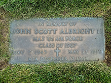 Cenotaph honoring John Scott Albright in U.S. Air Force Academy Cemetery. Find A Grave photo (Memorial No. 143764246) courtesy of Blake Edwards. Used with permission