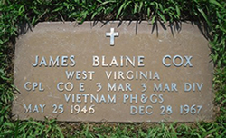 Military marker for Cpl. James Blaine Cox in Bethany Cemetery