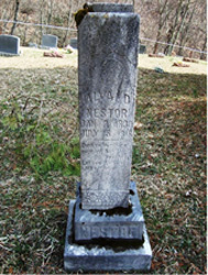 Alva Nestor's gravestone in the Nestor Cemetery is showing signs of age. Fortunately, it is preserved in this Find A Grave photo. Used with permission