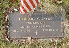 Military marker for Sgt. Herbert G. Sayre in Wolfe Valley Cemetery. Find A Grave photo (Memorial No. 85605360) courtesy of Jim and Elizabeth