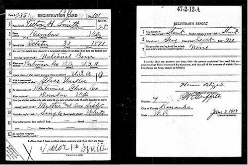 Victor H. Smith's World War I draft registration. National Archives and Records Administration